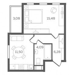 Однокомнатная квартира 38.89 м²