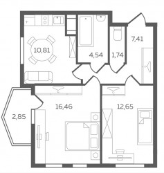 Двухкомнатная квартира 54.56 м²
