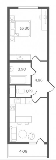Однокомнатная квартира 43.41 м²