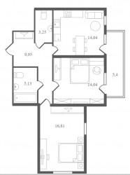 Двухкомнатная квартира 65.02 м²